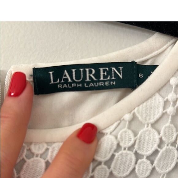 Ralph Lauren White Geometric Lace Overlay Long Sleeve Shift Cocktail Dress - Picture 6 of 8